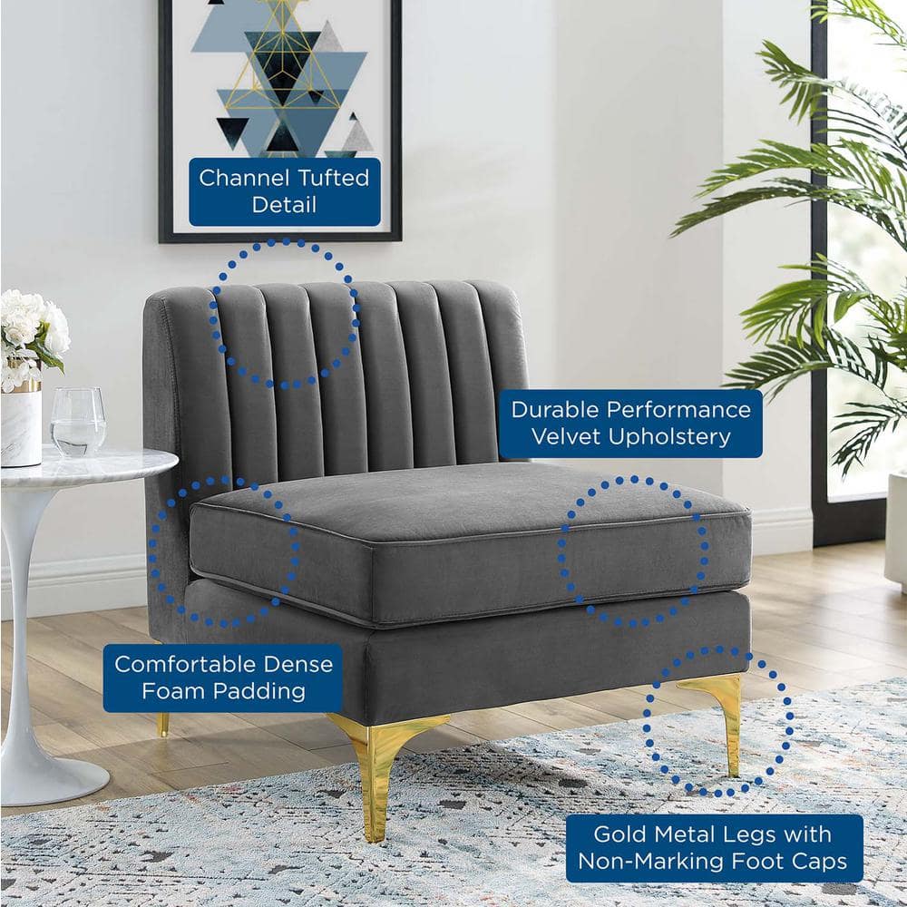 Gray Velvet and Gold Metal Armless Chair
