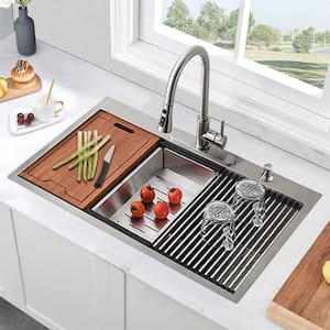33 in. Drop-In Single Bowl 16 Gauge Brushed Nickel Stainless Steel Kitchen Sink with Bottom Grids with Accessories