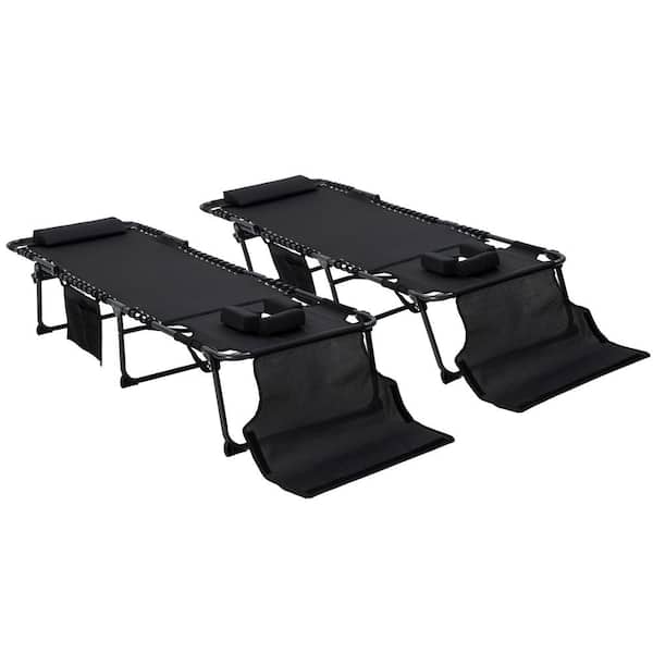 Zeus & Ruta Black 2-Piece Outdoor Folding Chaise Lounge with 5-level Reclining Back, Reading Face Hole, Side Pocket and Headrest