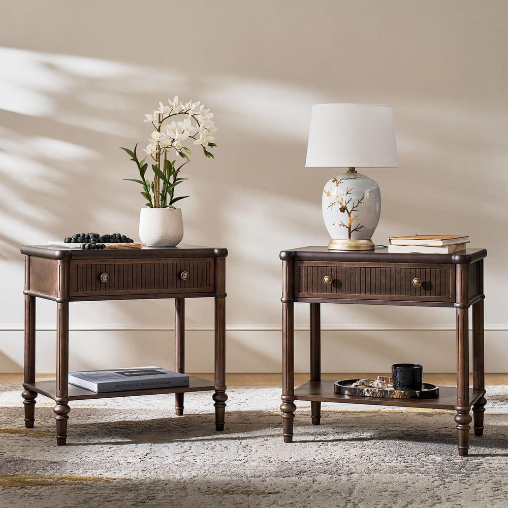 Ernest 26 in. Walnut 1-Drawer Square Wood End Table with Built-In Charging Station Set of 2 price history on PriceWatchPro