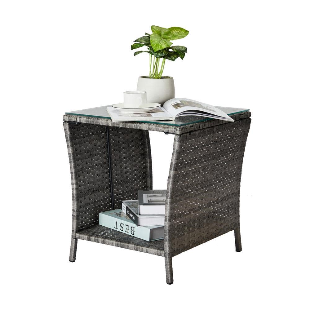 Gray Square Wicker Outdoor End Table with Glass Top and Storage