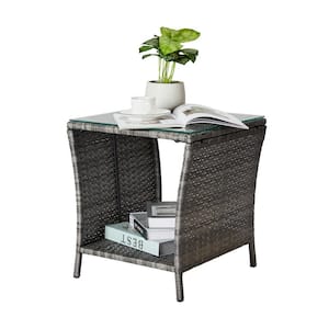 Gray Sqaure Wicker Outdoor Side Table with Storage End Table for Balcony Porch Deck