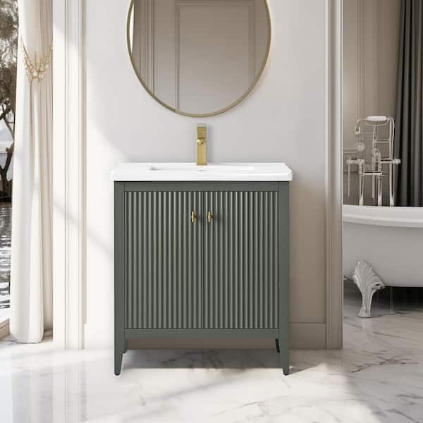 Vanity Art 30 in. W x 18.5 in D x 34 in. H Single Sink Bathroom Vanity Cabinet in Linear Vintage Green with Ceramic Top