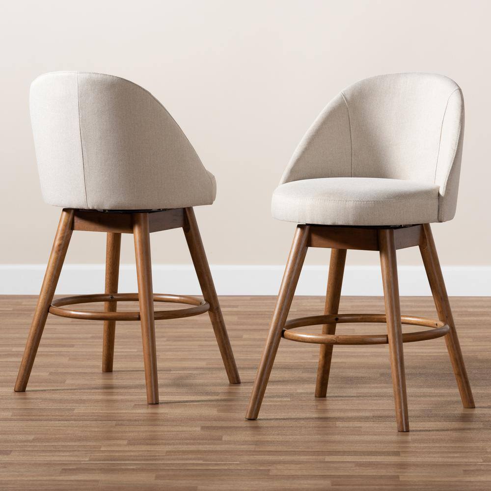 Light Beige Fabric Upholstered Walnut Wood Swivel Counter Stool Set