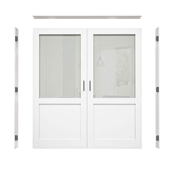 ARK DESIGN 72 in. x 80 in. 1/2Lite Frosted Glass Universal White Solid Core MDF Double Prehung French Door with Jamb and Ball Catch