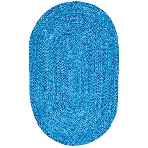 Braided Turquoise 4 ft. x 6 ft. Oval Solid Color Striped Area Rug