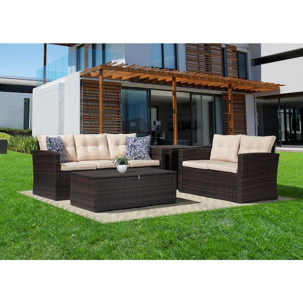 EDYO LIVING 4-Piece Wicker Patio Conversation Furniture Set with Beige Cushions