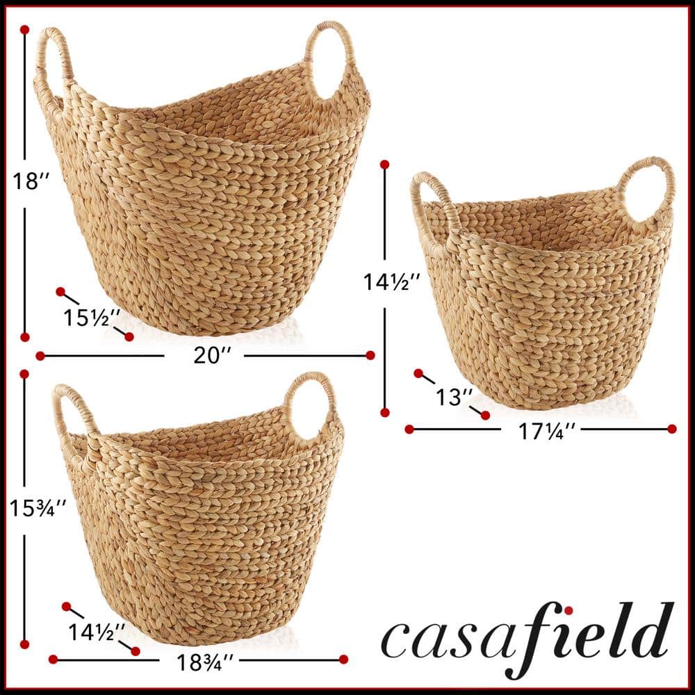 Natural Woven Water Hyacinth Oval Storage Baskets with Handles, Set of 3