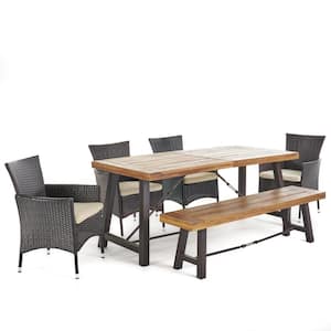 Nikolai 6-Piece Acacia Wood Rectangular Outdoor Dining Set with Bench and Beige Cushions