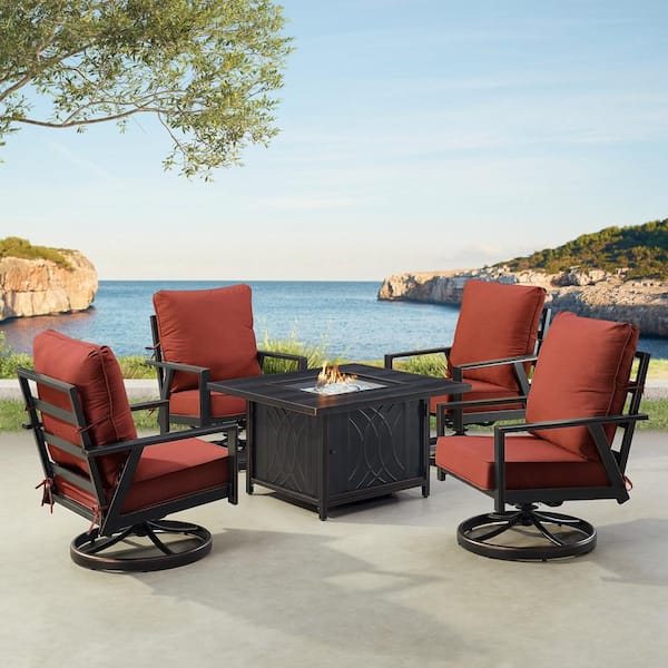 Oakland Living Black 6-Piece Aluminum Patio Fire Pit with 4-Club Chairs Red Cushions