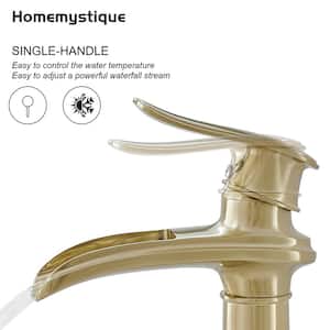 Single Handle Waterfall Vessel Sink Faucet with Pop-Up Drain and Brass Bathroom Faucet in Brushed Gold (Valve Included)