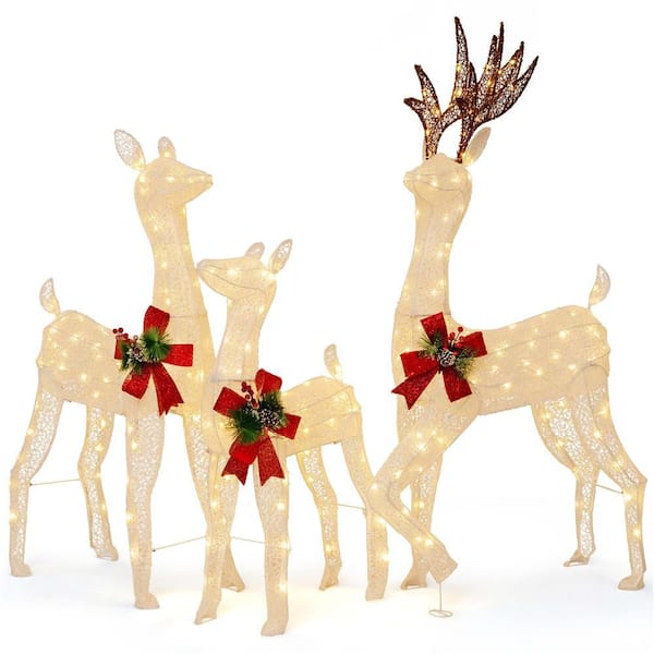 3-Piece Pre-lit Christmas Reindeer Family 3D Lighted Glitter Deer Xmas Decoration