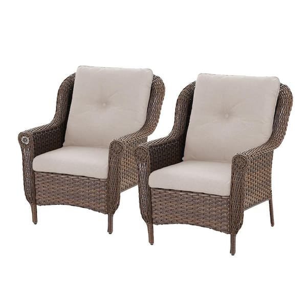 Chrysanthemum Armrest Series 2-Pack Outdoor Brown Wicker Outdoor Lounge Chair with CushionGuard Beige Cushions