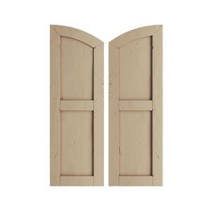 18 in. x 90 in. Polyurethane Timberthane Knotty Pine Two Equal Flat Panel Elliptical Top Faux Wood Shutters Primed Tan
