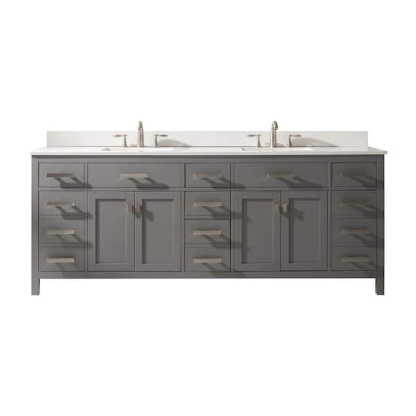 Design Element Valentino 84 in. W x 22 in. D x 33.75 in. H Bath Vanity in Gray with Quartz Vanity Top in White with White Basin
