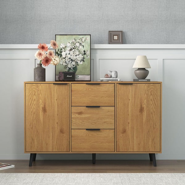 Meghan Natural Particle Board Buffet Sideboard Accent Storage Cabinet with Drawers and Doors
