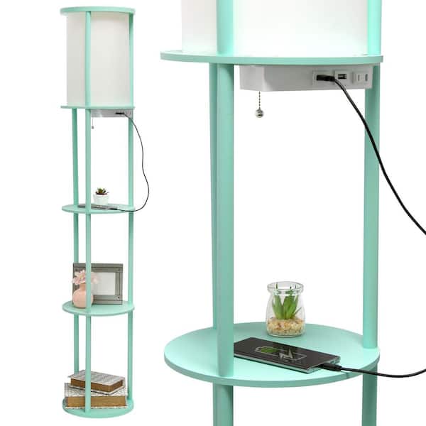 Simple Designs 62.5 in. Aqua Round Modern Floor Lamp Shelf Etagere Organizer Storage with 2 USB Charging Ports, 1 Charging Outlet