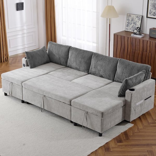 111.8 in. Chenille Sectional Sofa Convertible Sofa Bed in Gray with Storage Chaise Lounges, Cup Holders, USB Ports