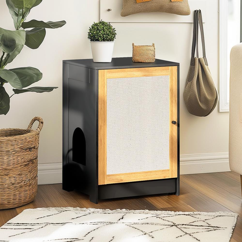 Black Particle Board Cat Litter Box Enclosure with Sisal Door