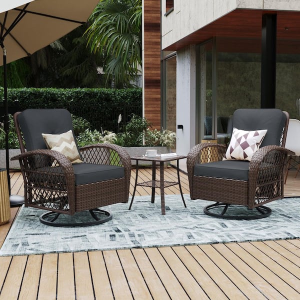 UPHA 3-Piece Brown Wicker Patio Outdoor Rocking Chair Set with Gray Cushion and Side Table