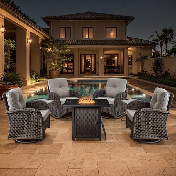 Brown 7-Piece Wicker Patio Fire Pit Set, Outdoor 4-Person Seating Set with Olefin Beige Cushions and Swivel Rockers