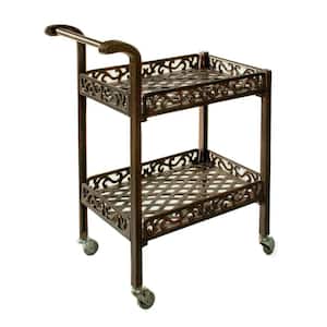 Outdoor and Indoor Solid Aluminum Bronze Serving Cart with Wheels and 2 Shelves