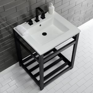 25 in. Ceramic Console Sink (8 in. in 3-Hole) with Stainless Steel Base in Matte Black