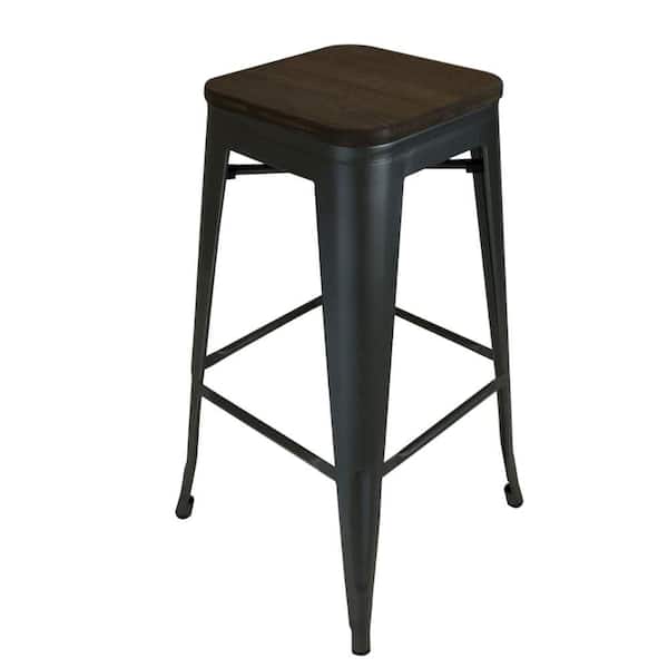 Benjara Gene 24 in. Black and Brown Backless Metal Frame Counter Stool with Wooden Seat