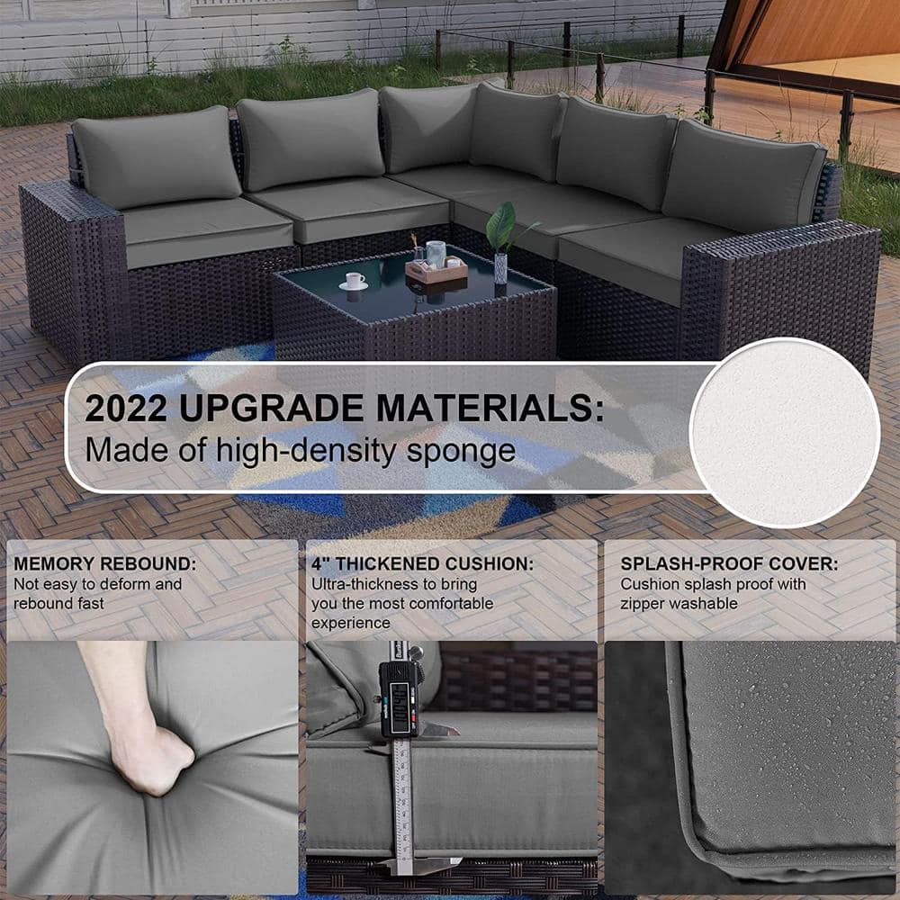 12-Piece Brown Steel Wicker Outdoor Sectional Set with Grey Cushions