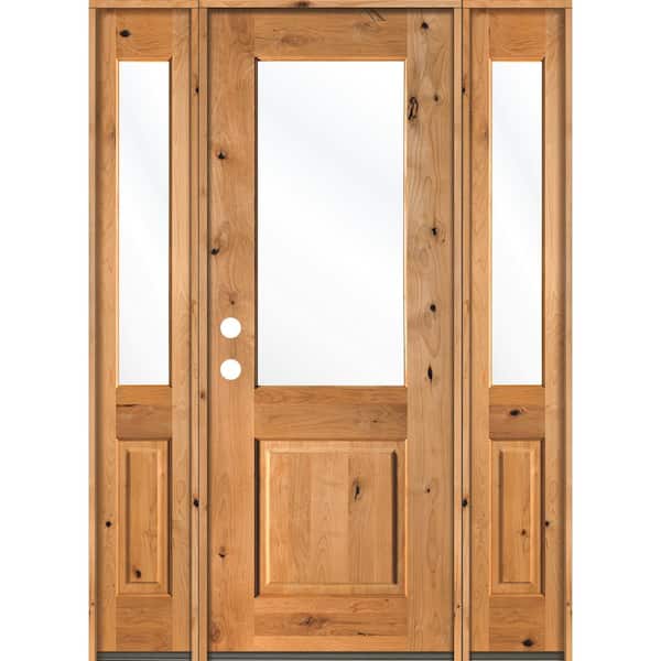 Krosswood Doors 64 in. x 96 in. Rustic Knotty Alder Wood Clear Half-Lite Clear Stain Right Hand Single Prehung Front Door/Sidelites