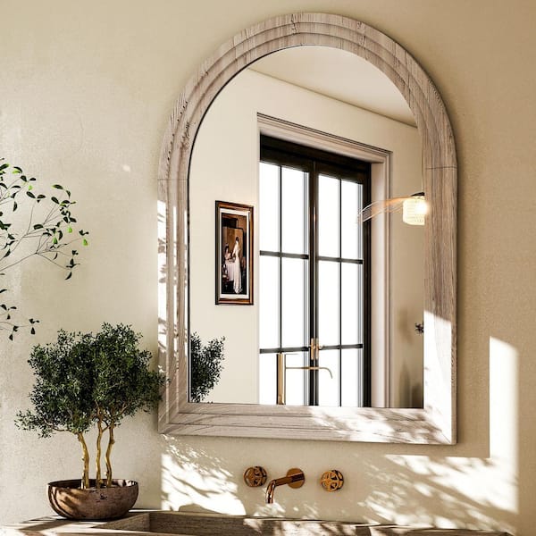 XRAMFY 30 in. W x 40 in. H Arched Classic Light Beige Wooden Framed Bathroom Vanity Mirror Wall Mirror