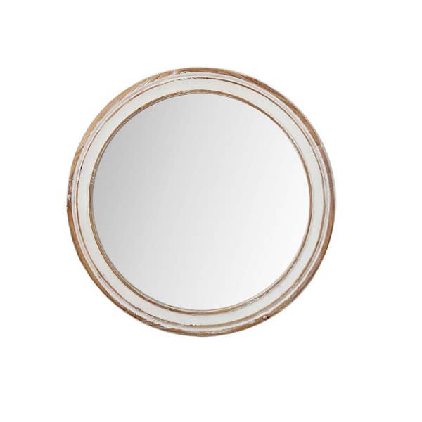Tatahance Whitewash 24 in. W x 24 in. H Round Wood Framed Decor Wall Mirror with Edge Vintage Wooden Design