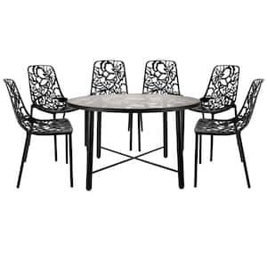 Devon Black 7-Piece Aluminum Patio Outdoor Dining Set with Glass Top Table and 6 Stackable Chairs