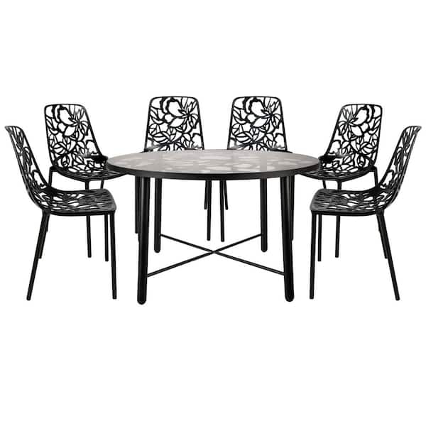 Leisuremod Devon Black 7-Piece Aluminum Patio Outdoor Dining Set with Glass Top Table and 6 Stackable Chairs