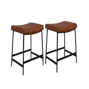 27 in. Brown Backless Metal Frame Saddle Seat for Kitchen Counter Bar Stool Chair with PU Leather Thick Cushion (2 Sets)