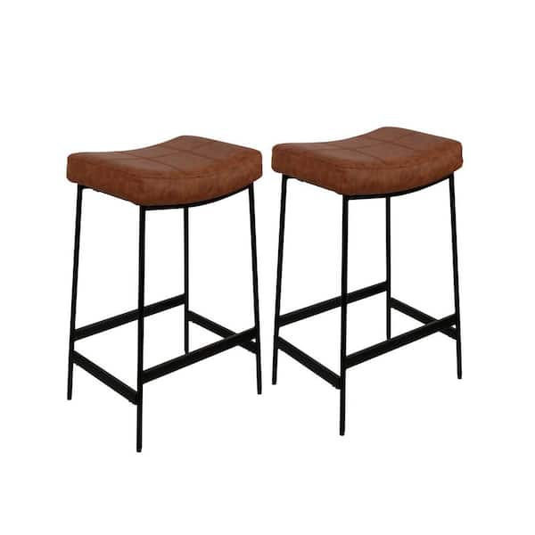 Aupodin 27 in. Brown Backless Metal Frame Saddle Seat for Kitchen Counter Bar Stool Chair with PU Leather Thick Cushion (2 Sets)