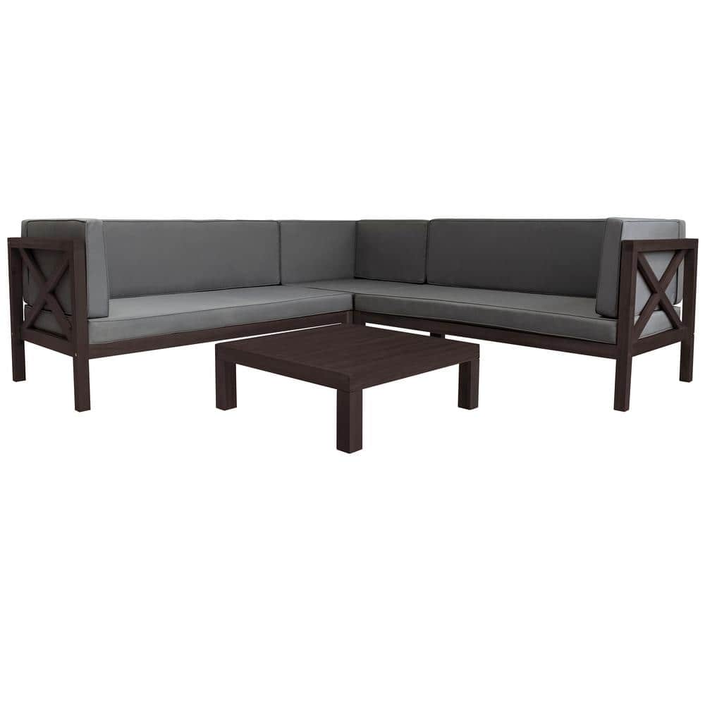 Dark Brown 4-Pieces Wood Patio Conversation Sectional Seating Set with Gray