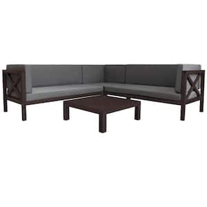 Dark Brown 4-Pieces Wood Patio Conversation Sectional Seating Set with Gray Cushions