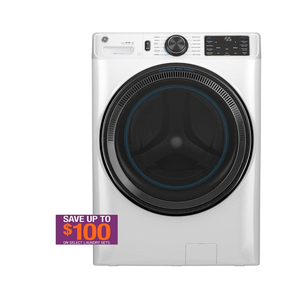 GE 5.0 cu.ft. Smart Front Load Washer in White with Steam, UltraFresh Vent System, and Microban Technology
