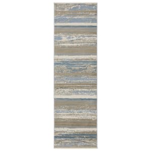 Brooker Blue/Beige 2 ft. x 8 ft. Distressed Stripe Recycled PET Yarn Indoor Runner Area Rug