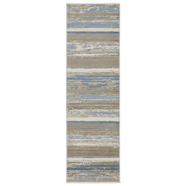 AVERLEY HOME Brooker Blue/Beige 2 ft. x 8 ft. Distressed Stripe Recycled PET Yarn Indoor Runner Area Rug