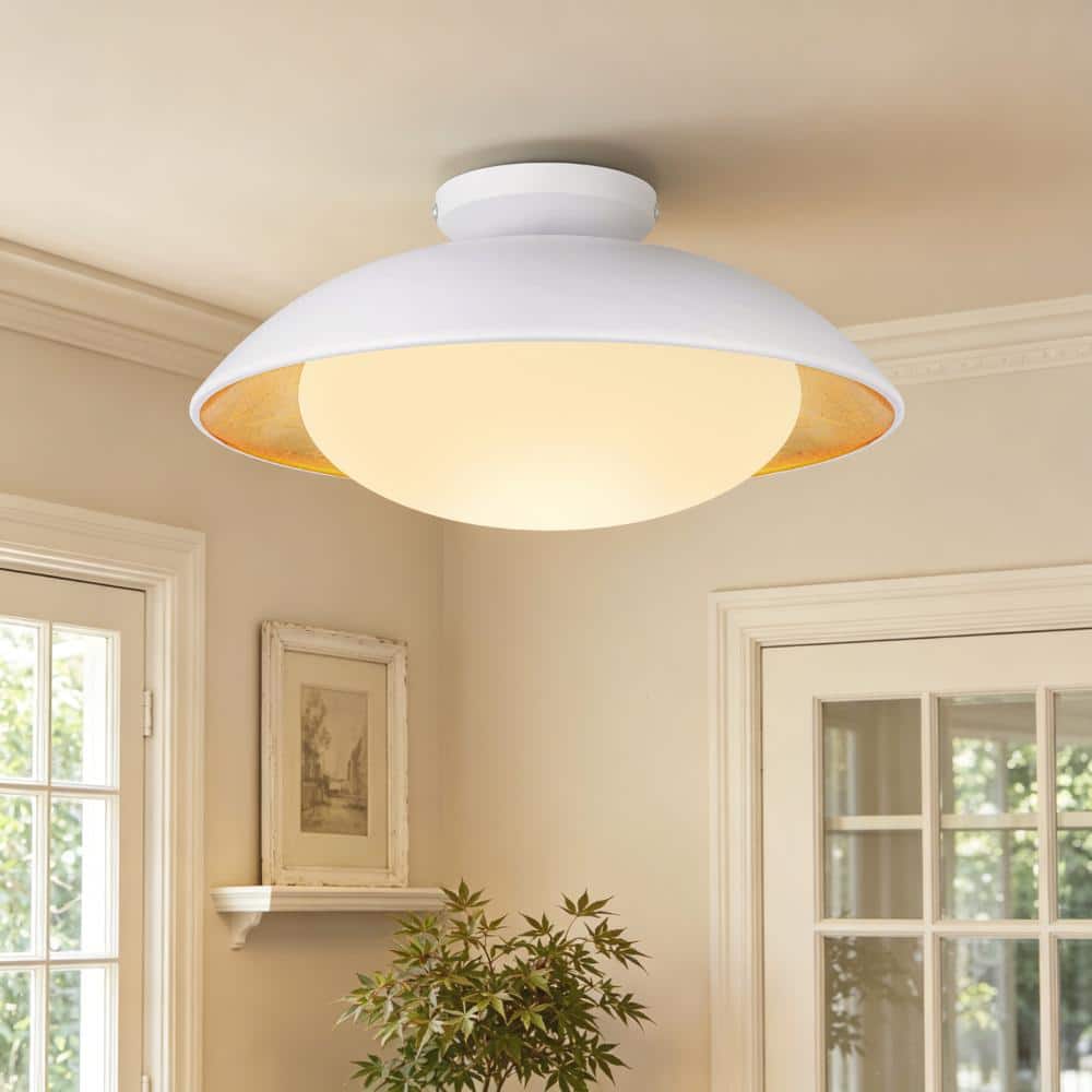 15.7 in. 1-Light Modern White Opal Glass Semi Flush Mount Ceiling Light with Gold Foil Interior for Bedroom Dining Room price history on PriceWatchPro