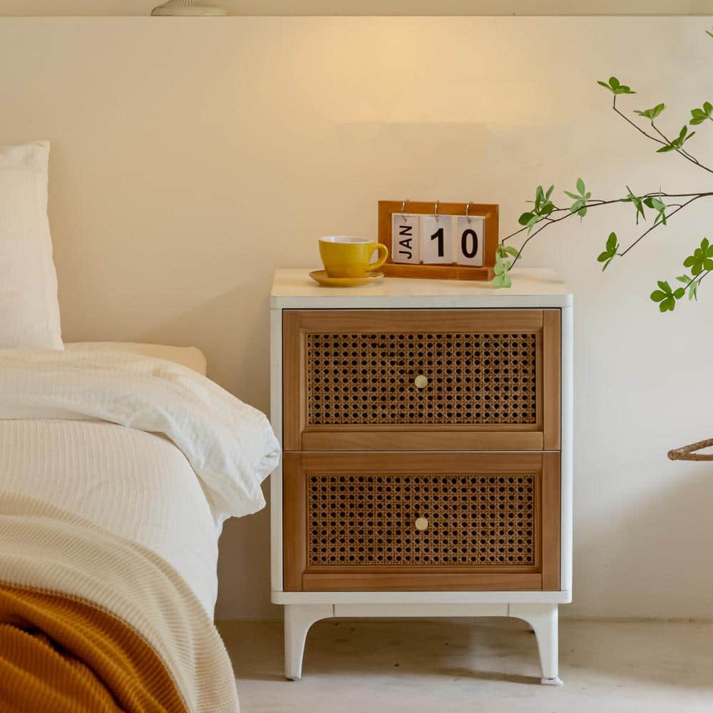 White and Brown 2-Drawer Cane Front Nightstand with Brass Knobs