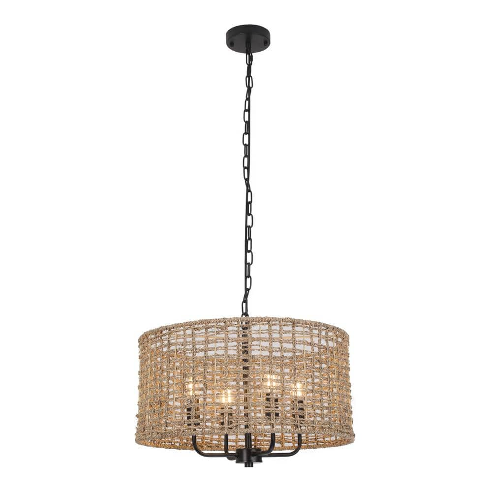 OUKANING 60-Watt 4-Light Brown Rattan Shaded Pendant Light with Hand-Woven  Shade, No Bulbs Included JZUCK5K7NSHCX - The Home Depot