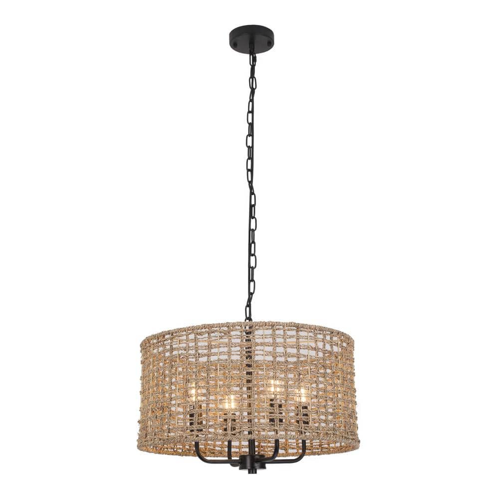 OUKANING 60-Watt 4-Light Brown Rattan Shaded Pendant Light