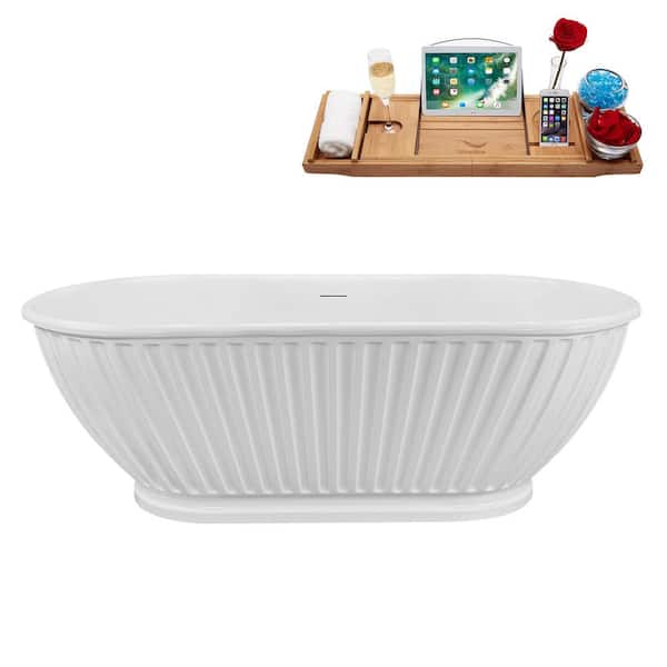 Streamline 67 in. x 32 in. Acrylic Freestanding Soaking Bathtub in Glossy White With Matte Oil Rubbed Bronze Drain, Bamboo Tray