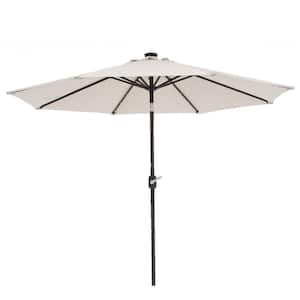 9 ft. Steel Beige Outdoor Solar LED Tiltable Patio Umbrella Market Umbrella with Crank Lift