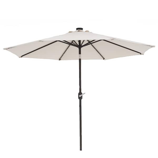 Unbranded 9 ft. Steel Beige Outdoor Solar LED Tiltable Patio Umbrella Market Umbrella with Crank Lift