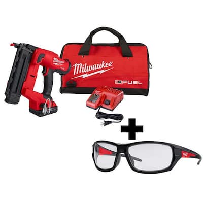M18 FUEL 18-Volt 18-Gauge Lithium-Ion Brushless Cordless Gen II Brad Nailer Kit and Clear Performance Safety Glasses