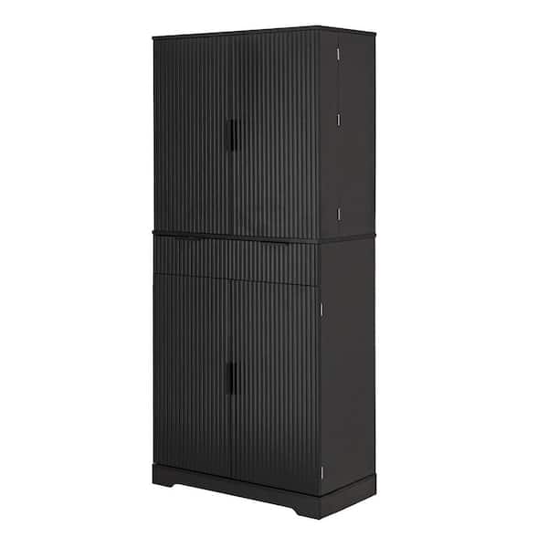 Trix Modern Black Fluted 71.6 in. Tall Kitchen Pantry Cabinet with 3 Keyboard Drawers, 6 Door Shelves Adjustable
